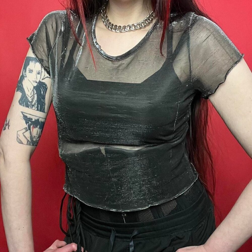 Luna chix / Sparkly Silver mesh crop tee shirt 🖤🩶​​​​​​​